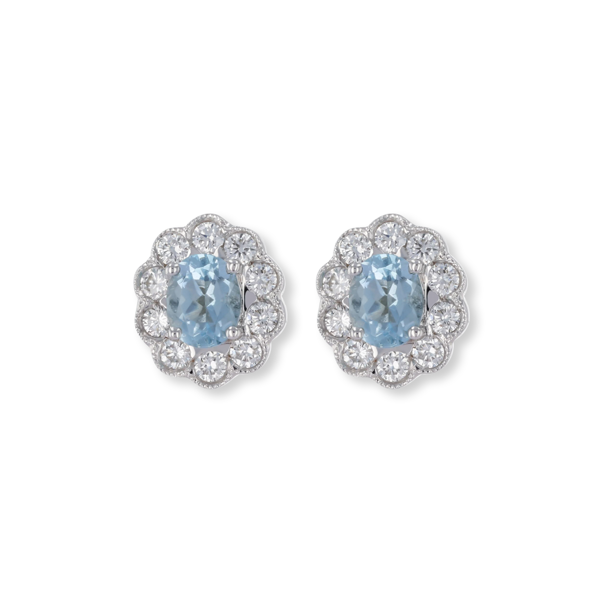 18ct White Gold Aquamarine & Diamond Oval Cluster Stud Earrings