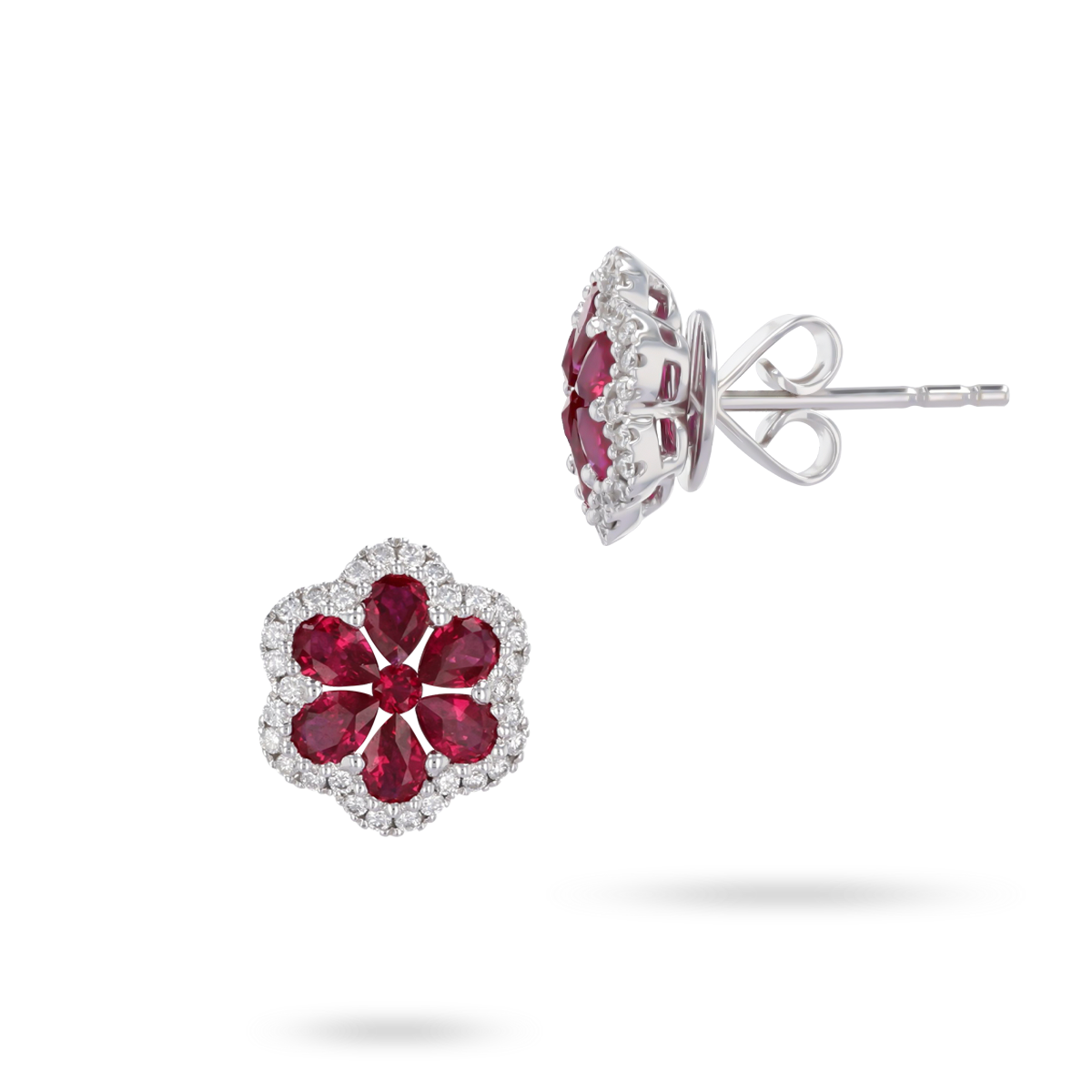 18ct White Gold Ruby & Diamond Flower Stud Earrings