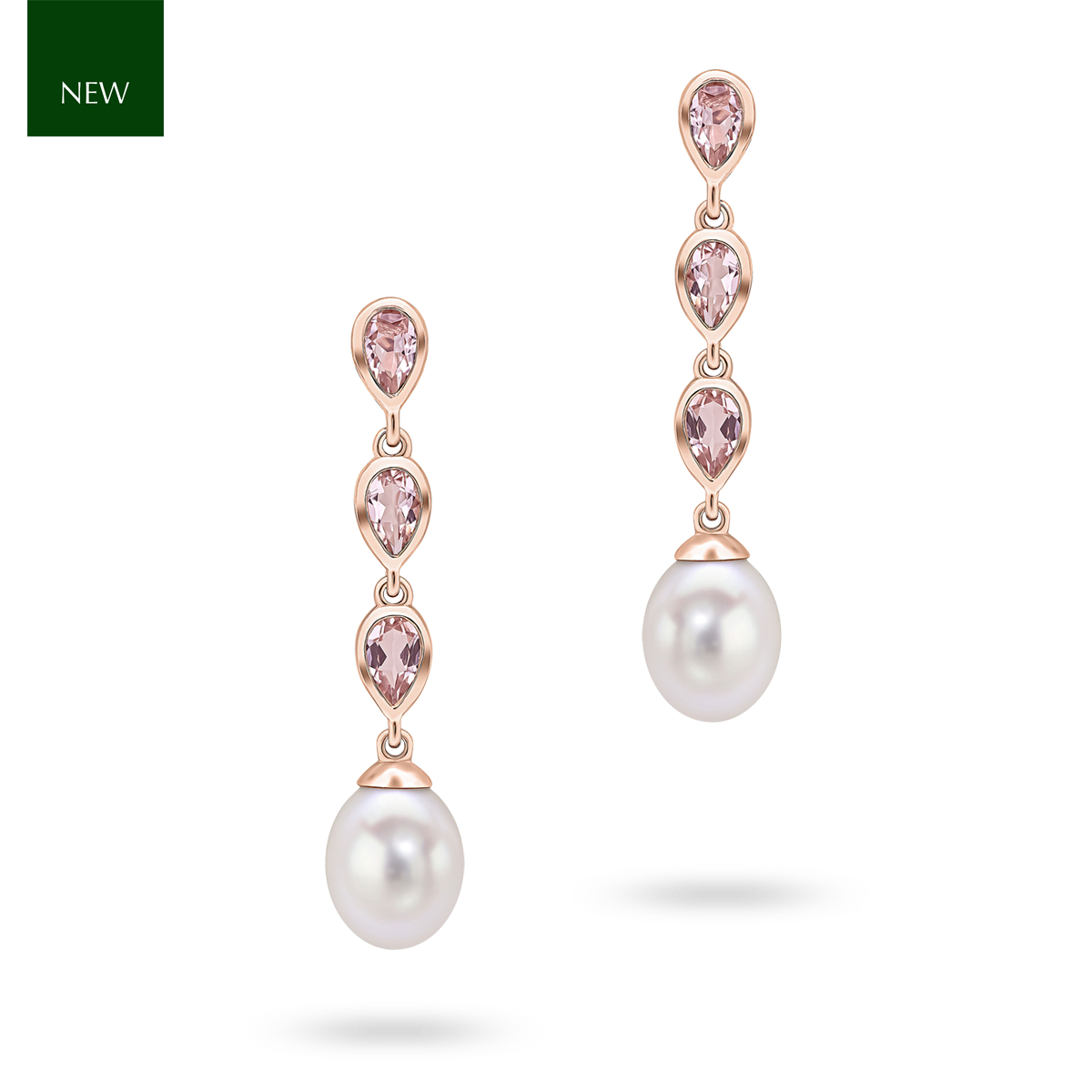 9ct Rose Gold Pearl & Morganite Triple Drop Earrings