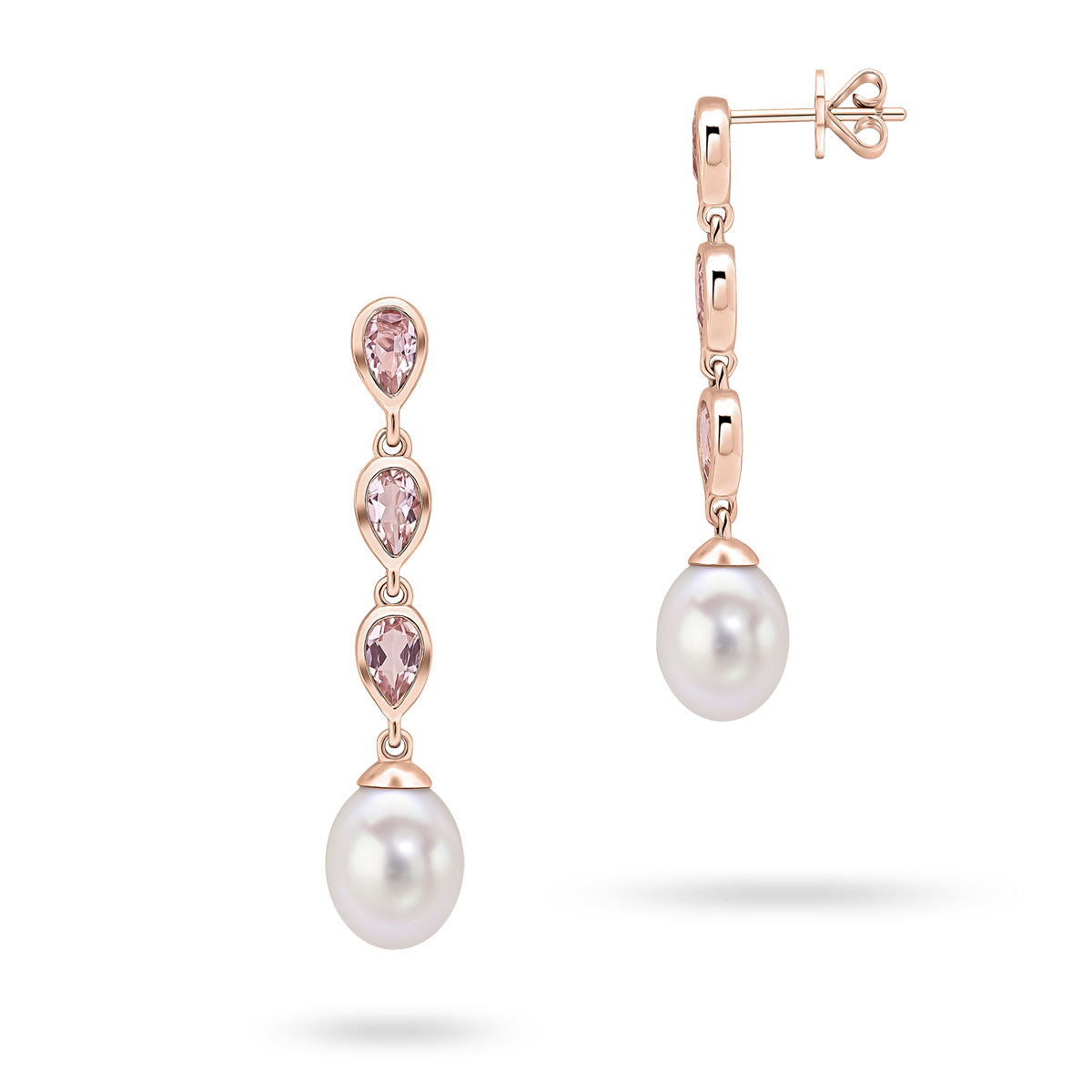 9ct Rose Gold Pearl & Morganite Triple Drop Earrings
