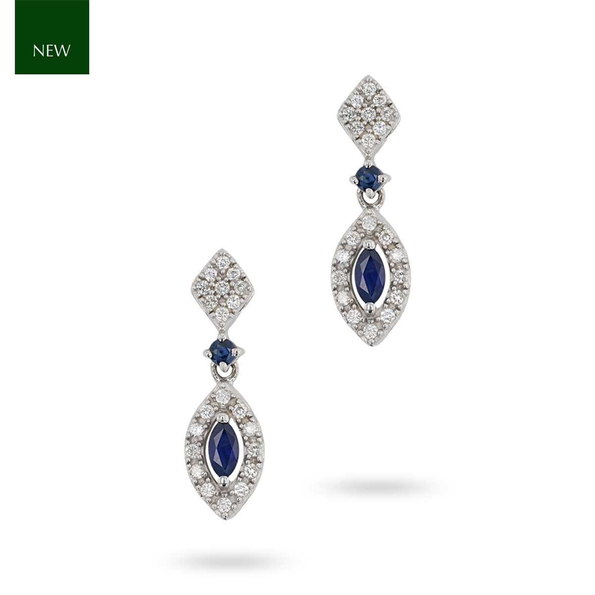 9ct White Gold Sapphire & Diamond Marquise Cluster Drop Earrings