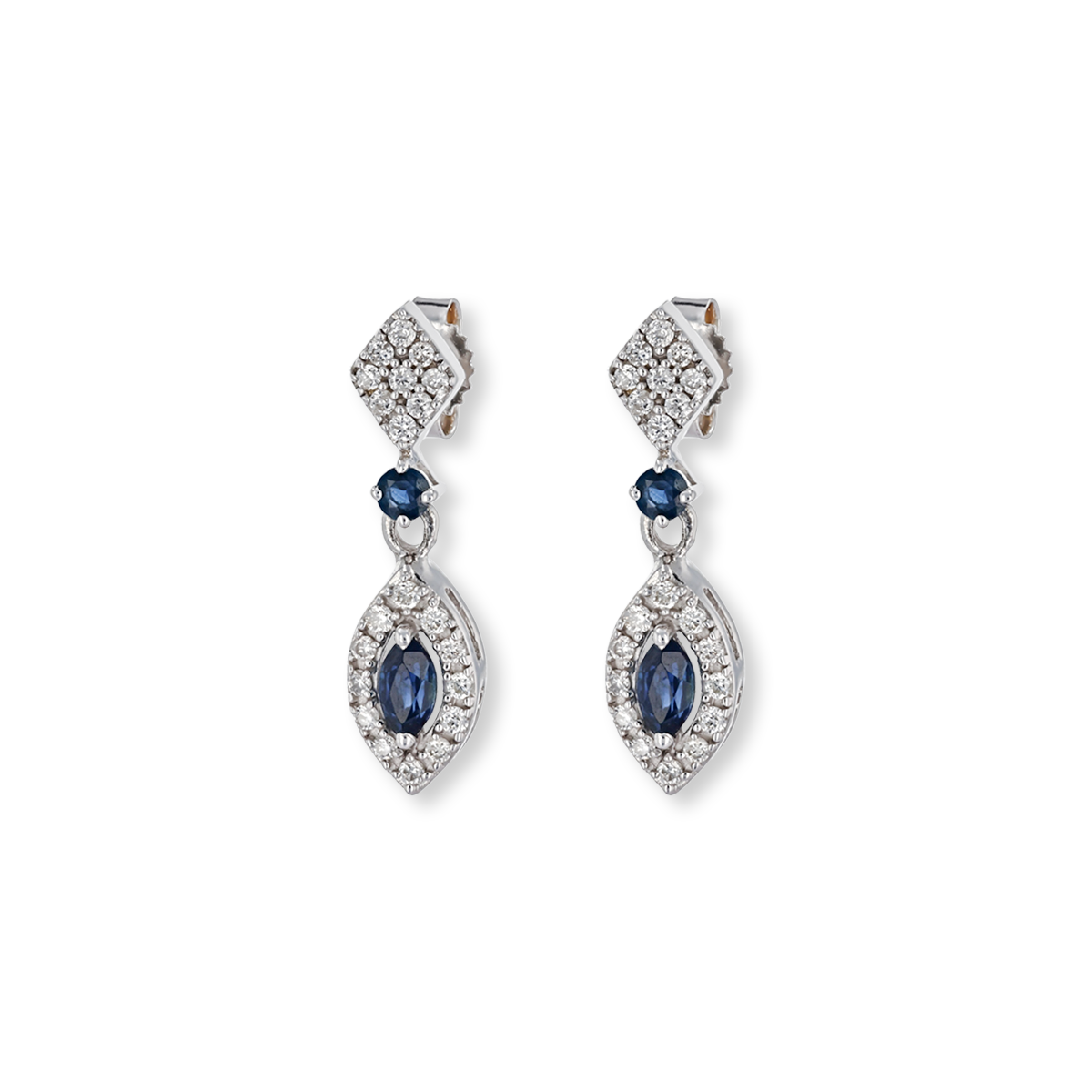 9ct White Gold Sapphire & Diamond Marquise Cluster Drop Earrings