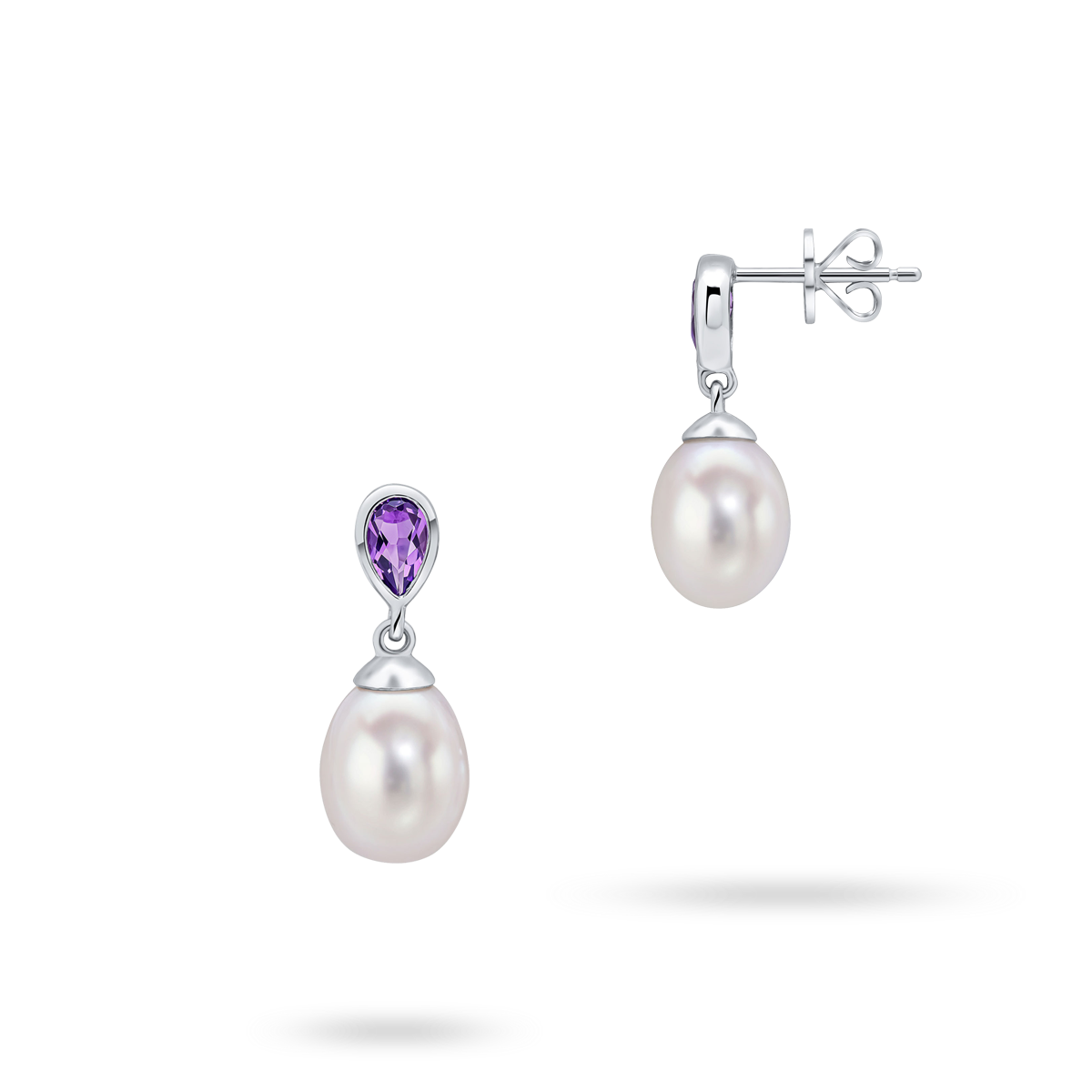 9ct White Gold Pearl & Amethyst Drop Earrings