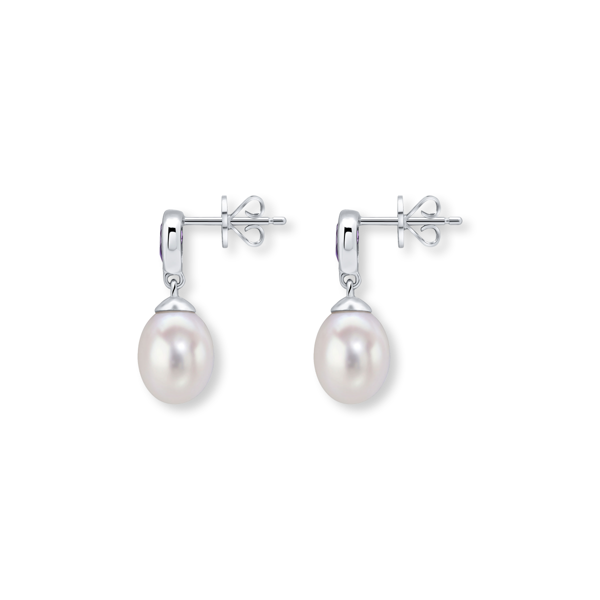 9ct White Gold Pearl & Amethyst Drop Earrings