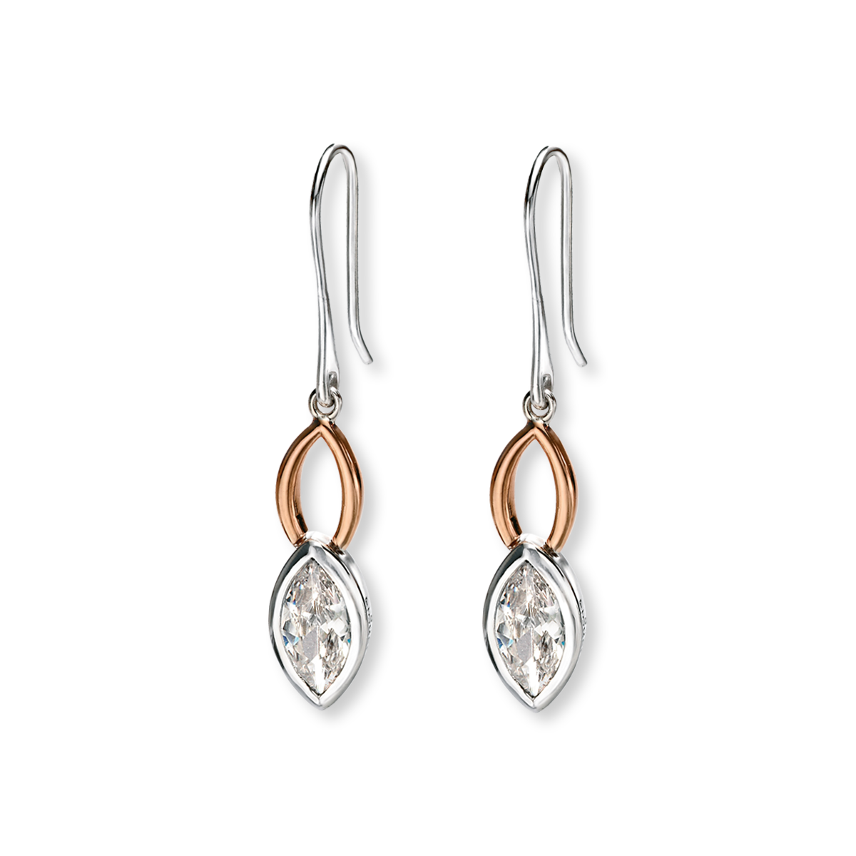 Sterling Silver & Rose Gold Plated Cubic Zirconia Double Marquise Drop Earrings