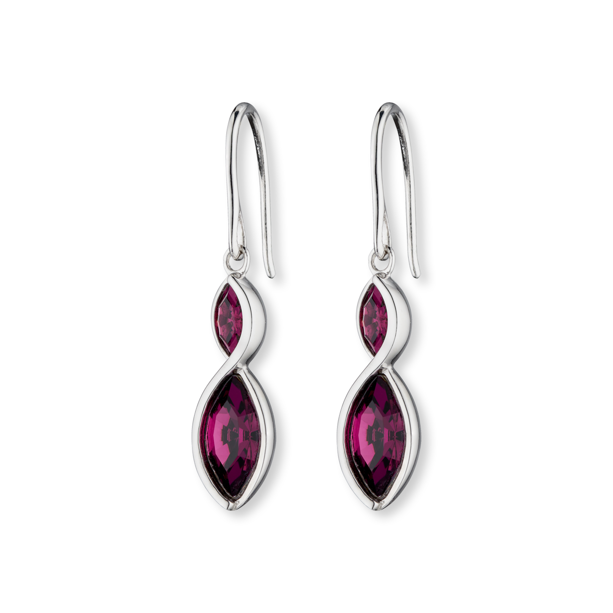 Sterling Silver Purple Crystal Navette Twist Drop Earrings
