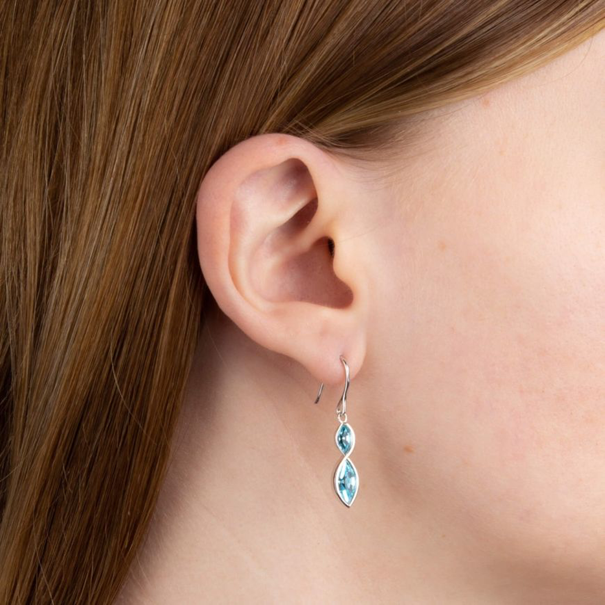 Sterling Silver Aqua Crystal Navette Twist Drop Earrings