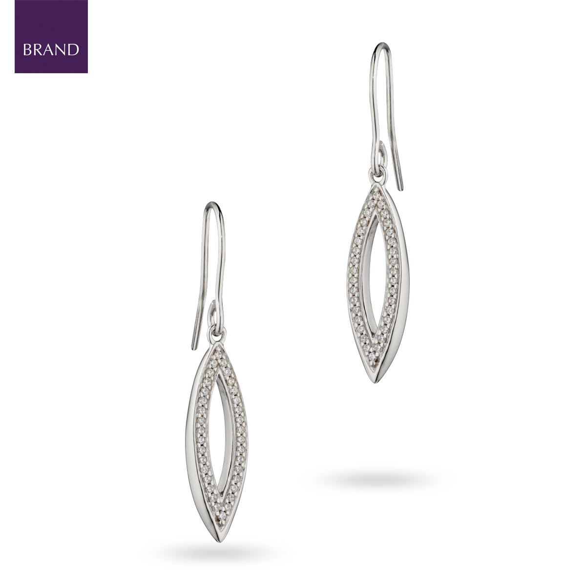 Sterling Silver Navette Cubic Zirconia Border Set Drop Earrings