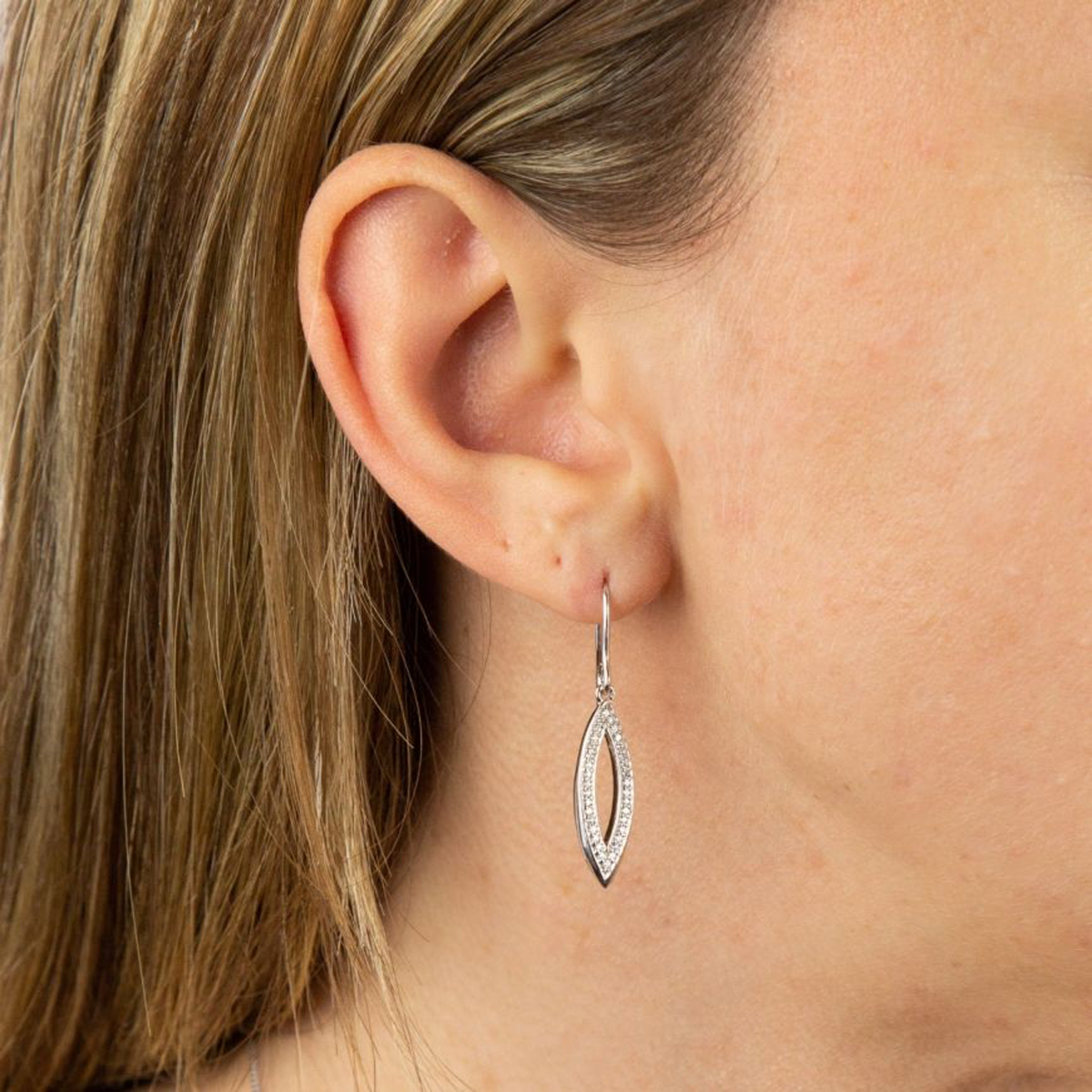 Sterling Silver Navette Cubic Zirconia Border Set Drop Earrings