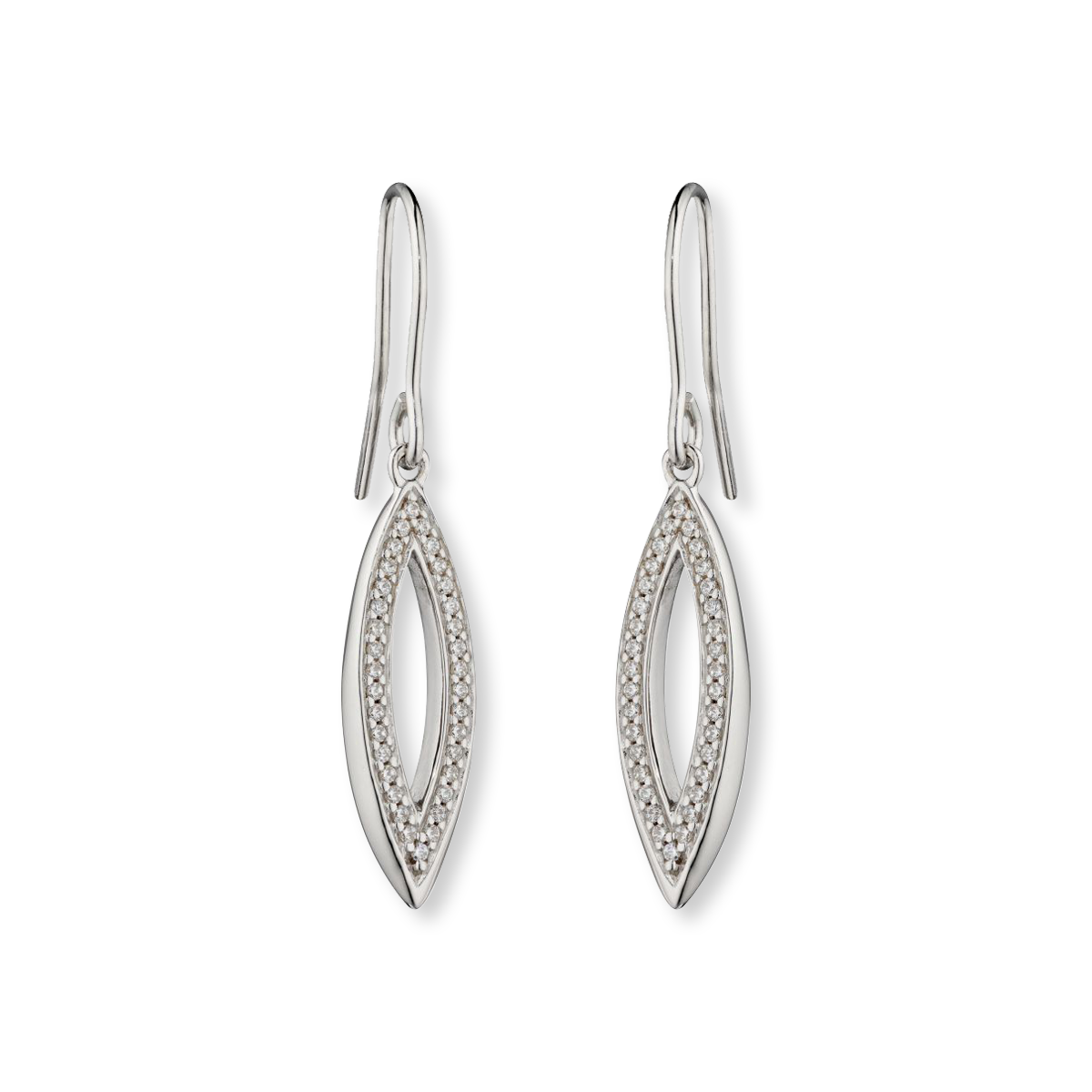 Sterling Silver Navette Cubic Zirconia Border Set Drop Earrings