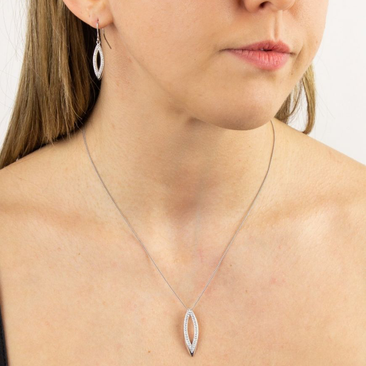 Sterling Silver Navette Cubic Zirconia Border Set Drop Earrings & Pendant