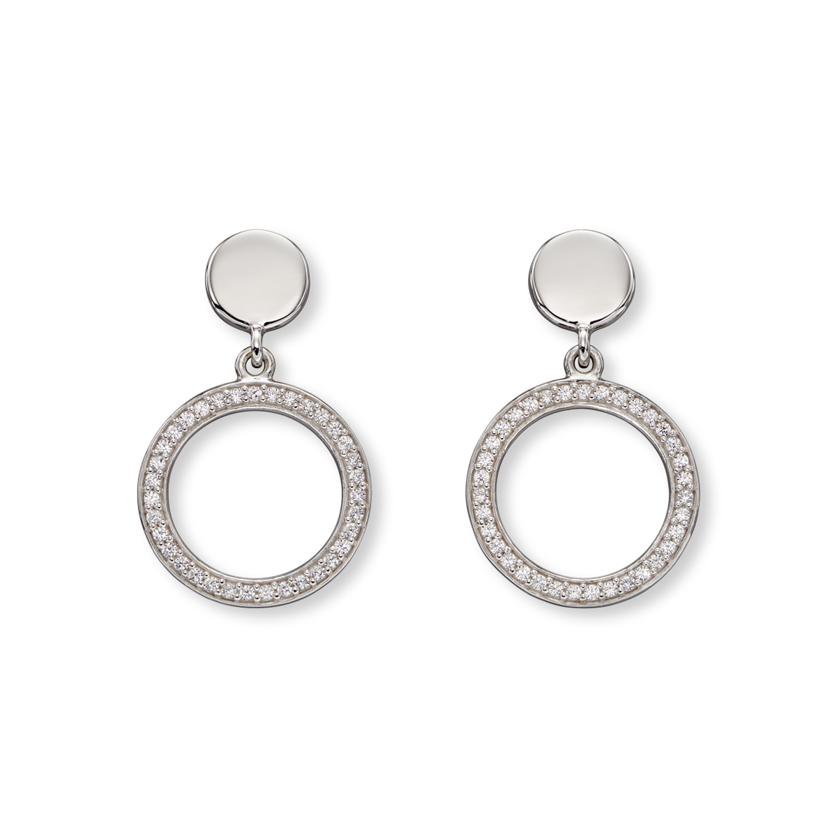Sterling Silver Double Disc Cubic Zirconia Set Drop Earrings