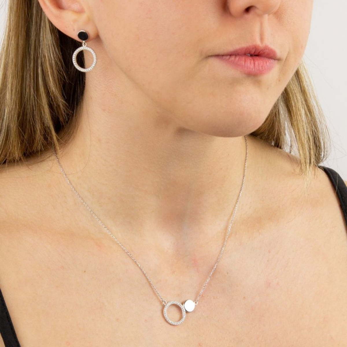Sterling Silver Double Disc Cubic Zirconia Set Drop Earrings & Pendant