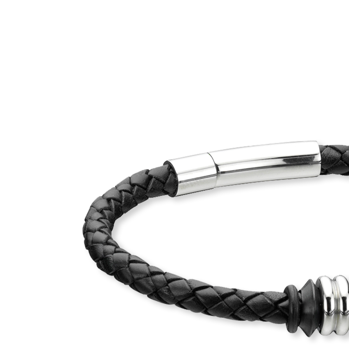 Stainless Steel Black Leather Disc Bracelet
