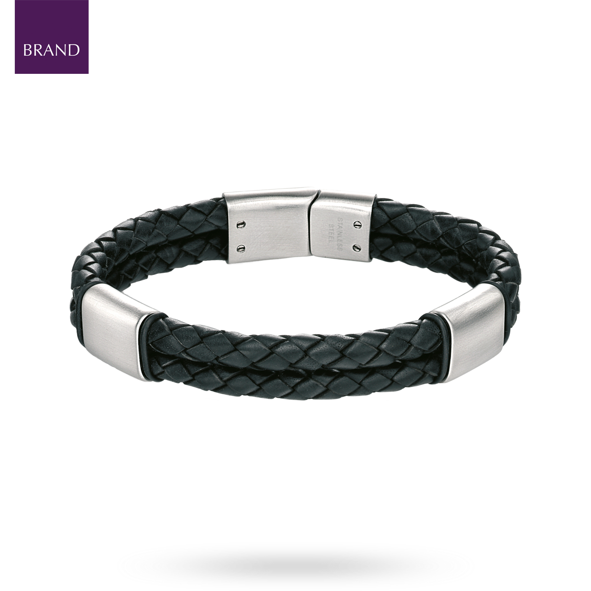 Black Leather Bracelet with Stainless Steel Sections