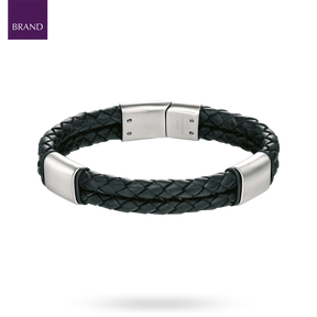 Black Leather Bracelet with Stainless Steel Sections