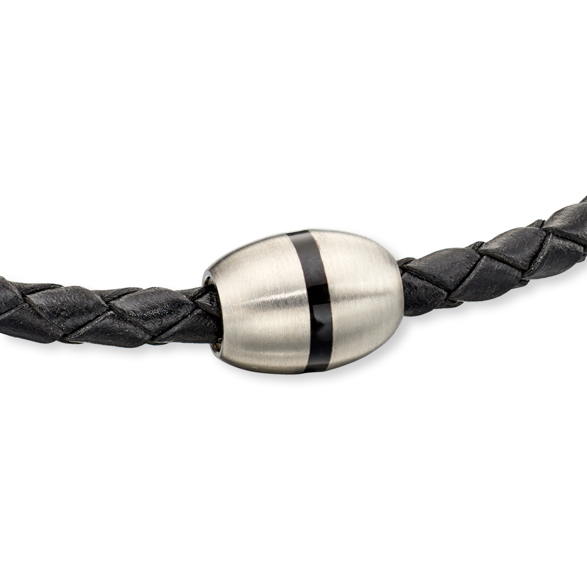 Skinny Black Leather Plaited Stainless Steel Bracelet