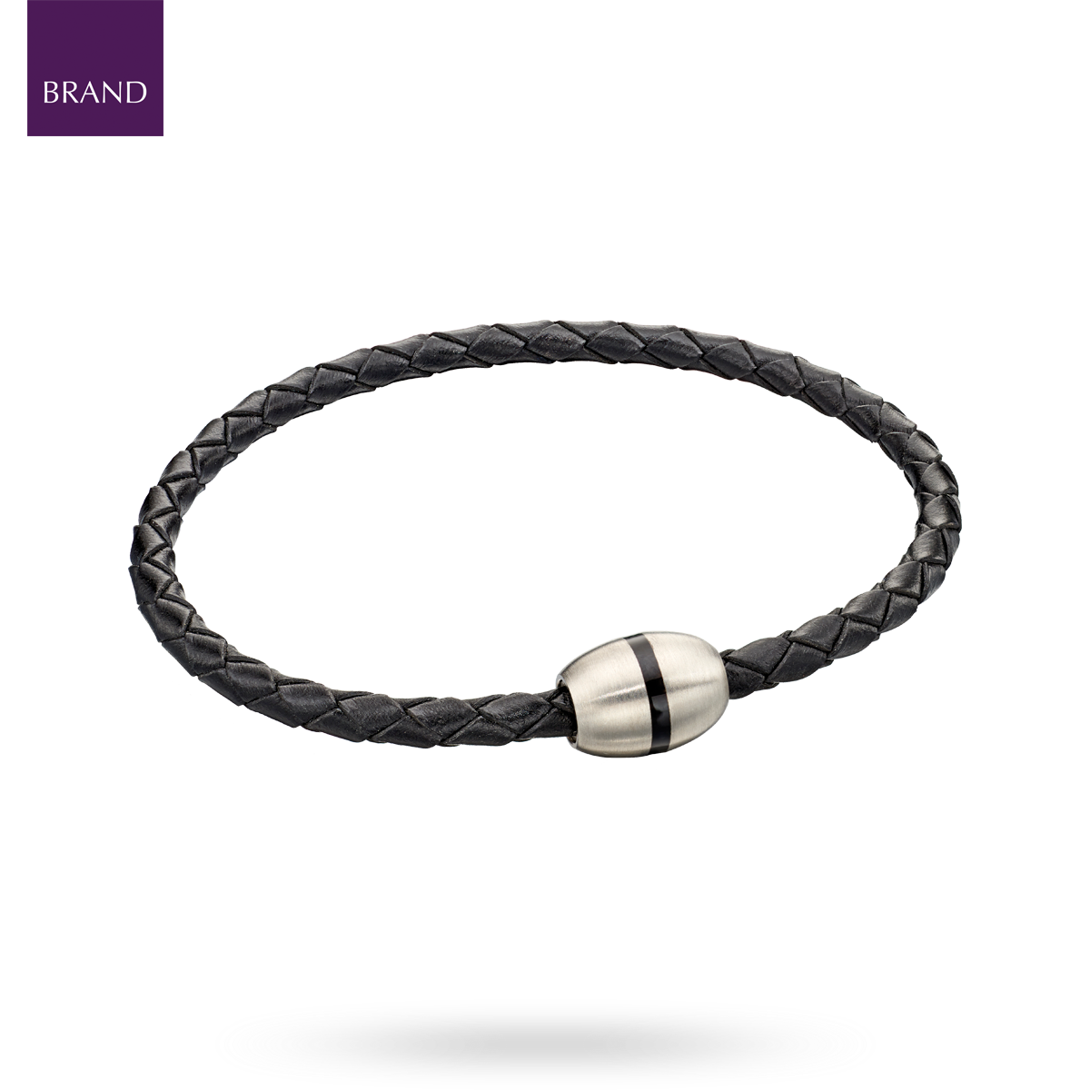 Skinny Black Leather Plaited Stainless Steel Bracelet