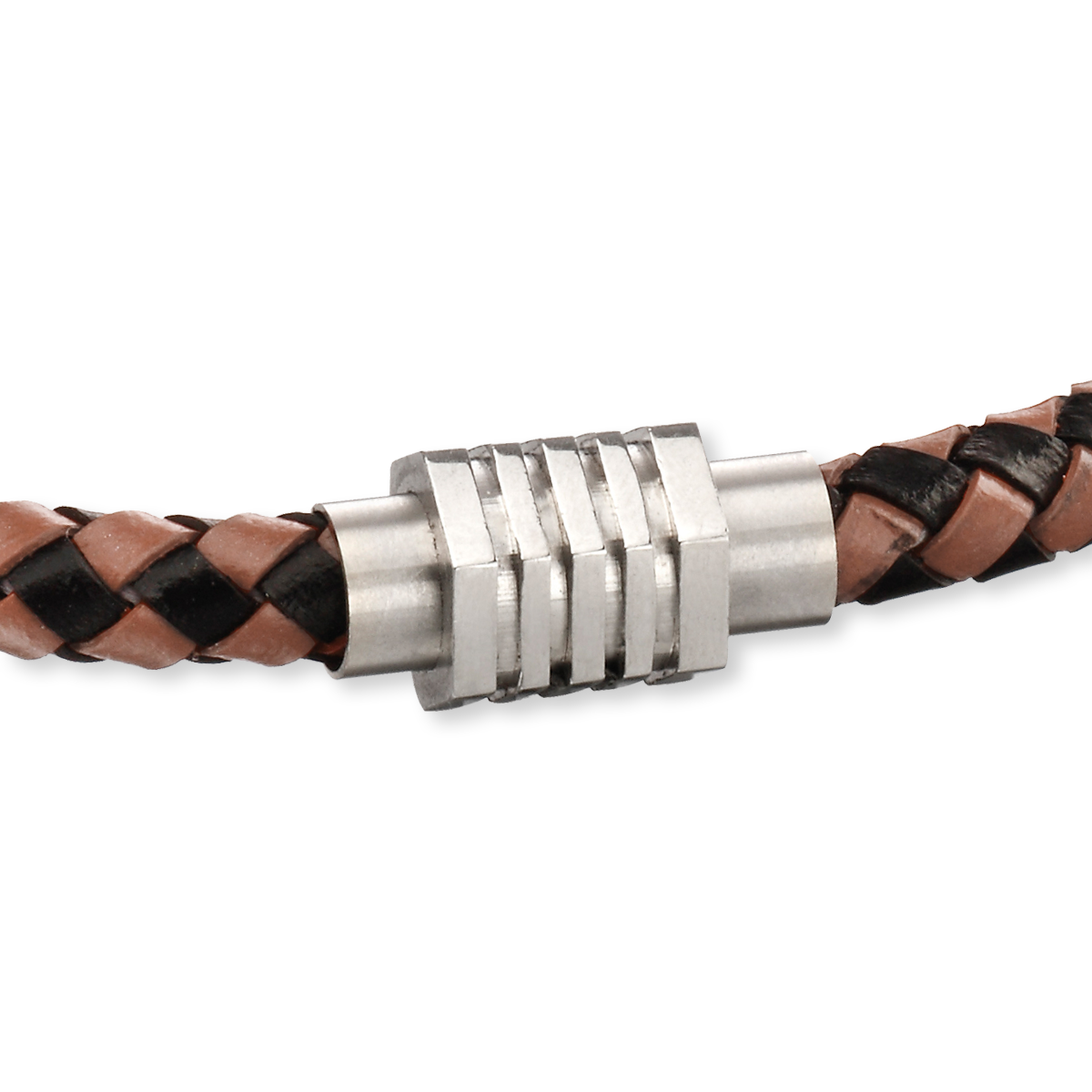 Woven Brown Leather Bracelet with Hexagon Ridge Clasp