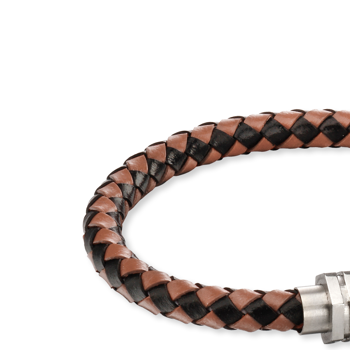 Woven Brown Leather Bracelet with Hexagon Ridge Clasp