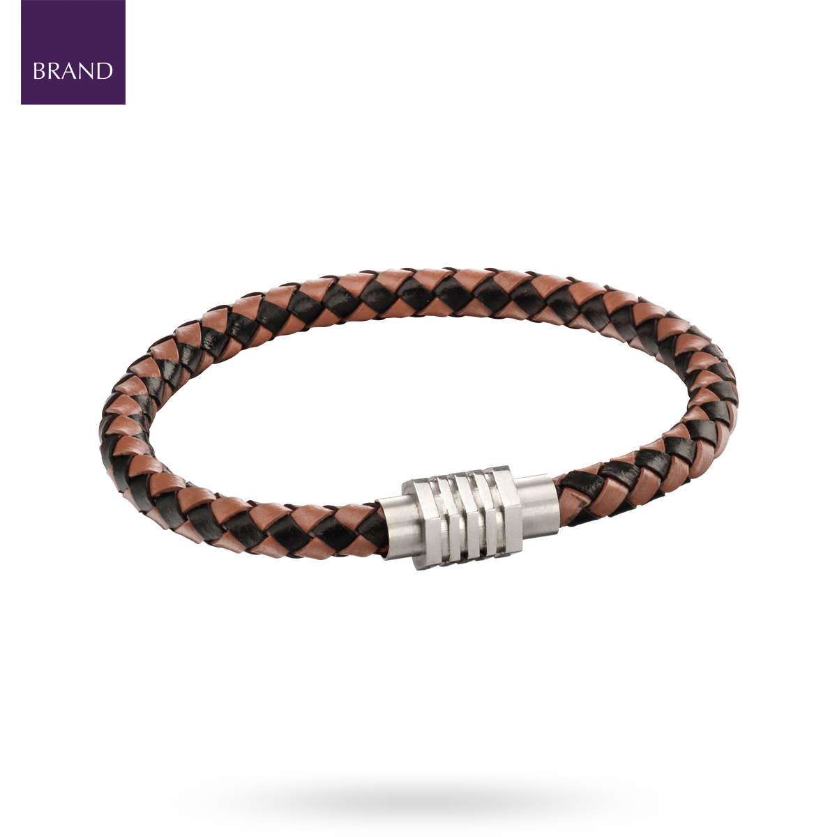 Woven Brown Leather Bracelet with Hexagon Ridge Clasp