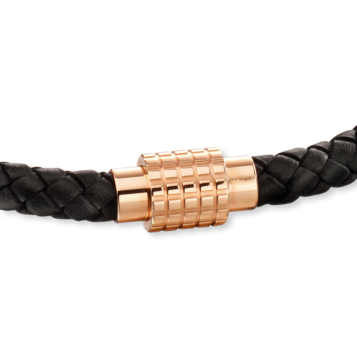 Black Leather Plait Bracelet with Hexagon Ridge Clasp