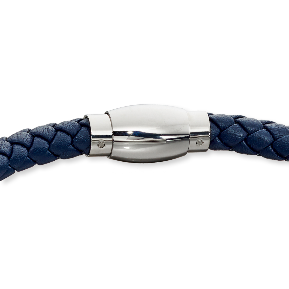 Woven Navy Blue Leather & Stainless Steel Magnetic Clasp Bracelet