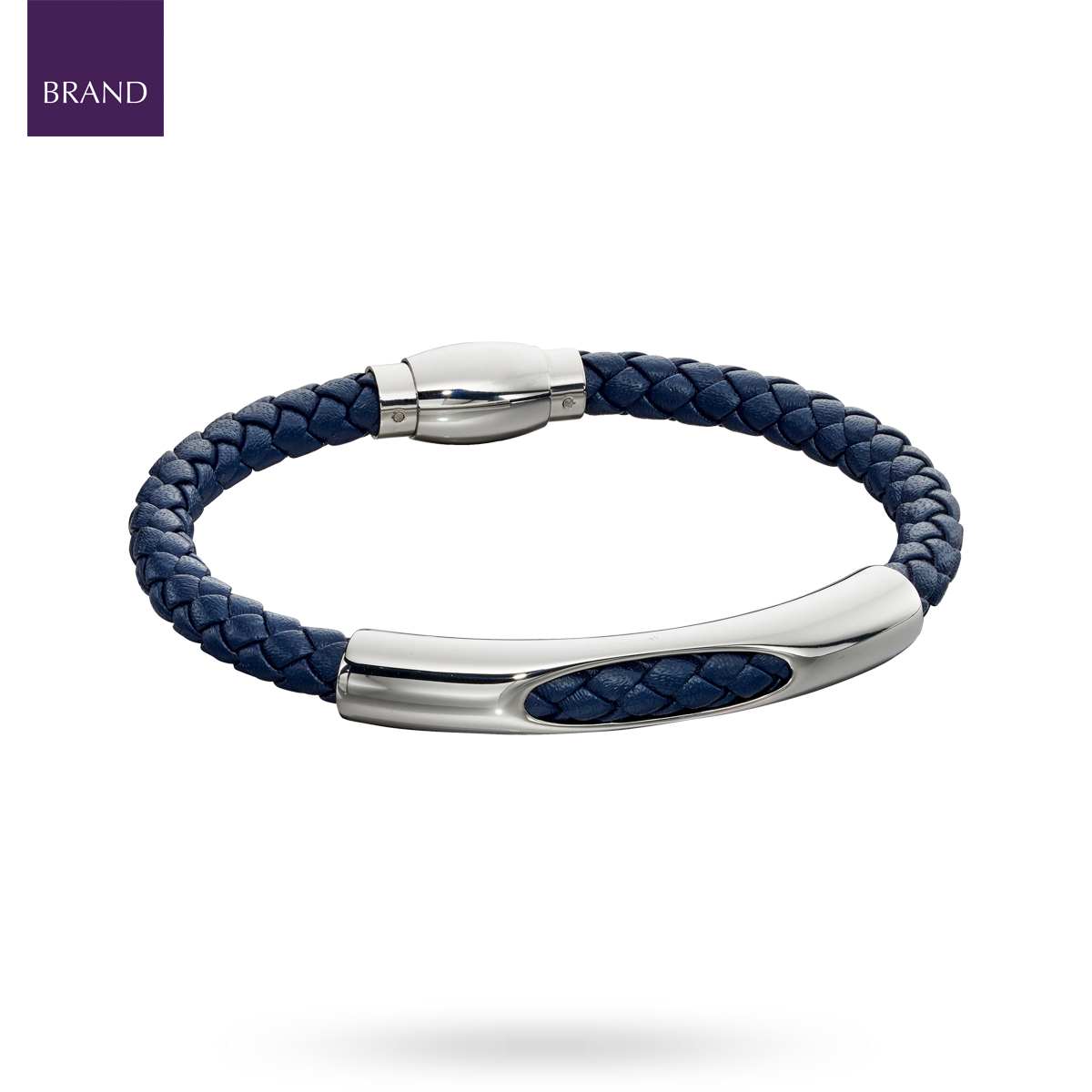 Woven Navy Blue Leather & Stainless Steel Magnetic Clasp Bracelet