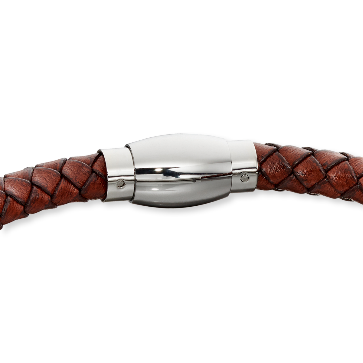 Woven Brown Leather & Stainless Steel Magnetic Clasp Bracelet