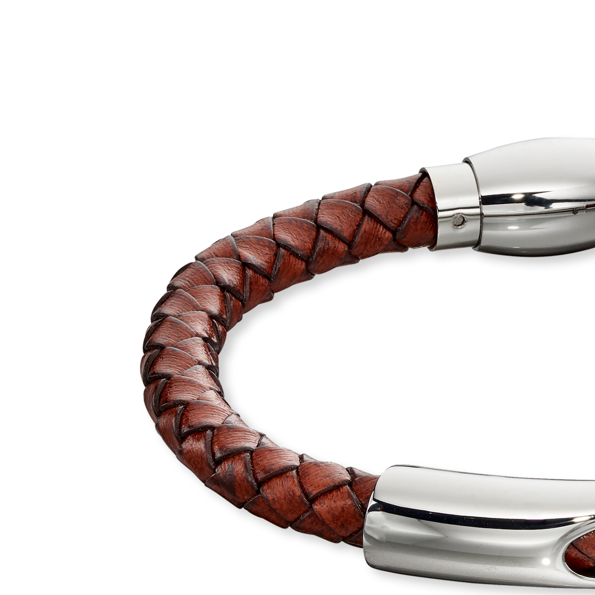 Woven Brown Leather & Stainless Steel Magnetic Clasp Bracelet