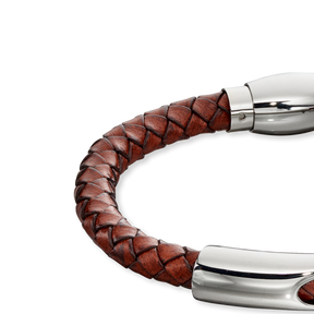 Woven Brown Leather & Stainless Steel Magnetic Clasp Bracelet