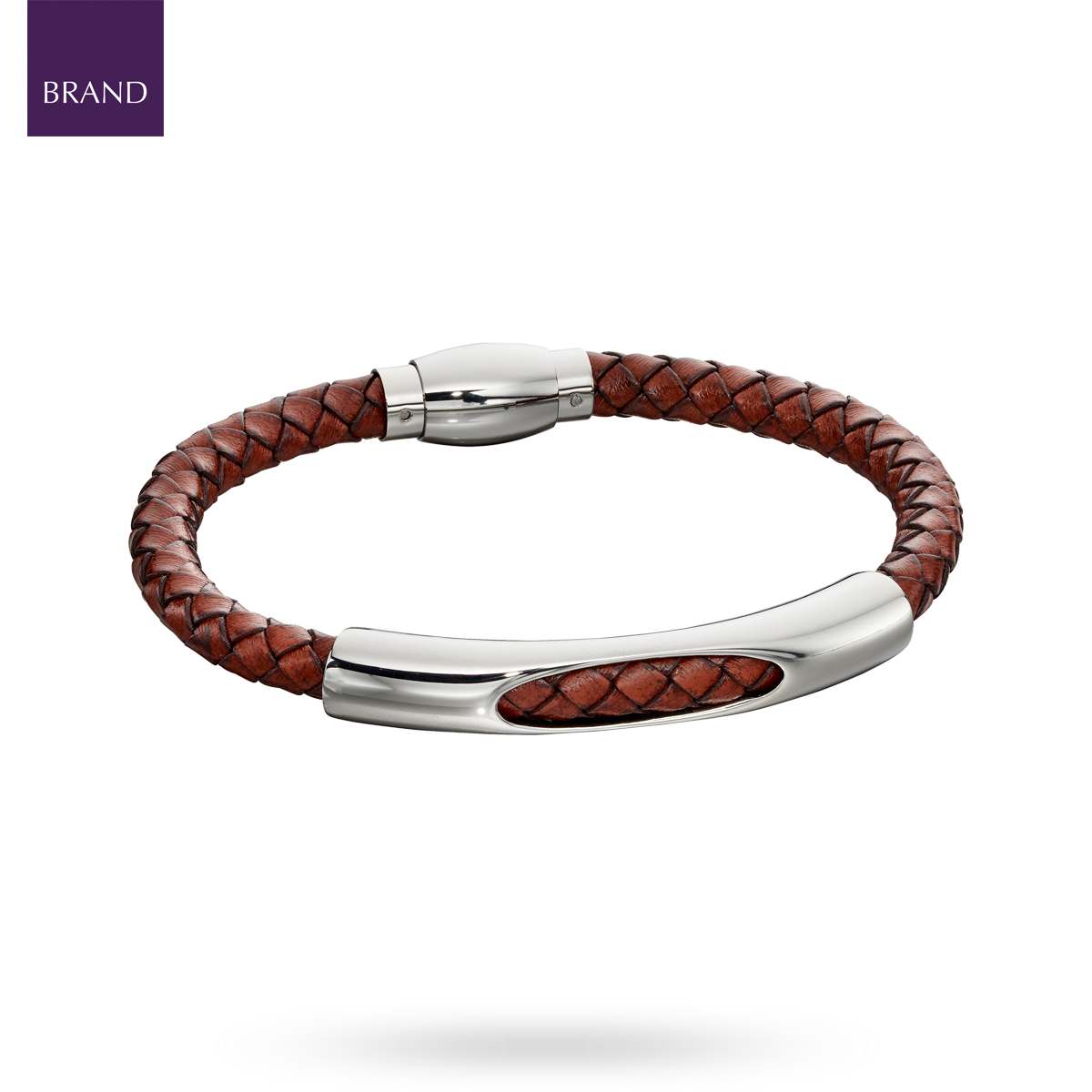 Woven Brown Leather & Stainless Steel Magnetic Clasp Bracelet