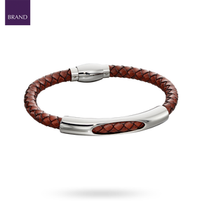 Woven Brown Leather & Stainless Steel Magnetic Clasp Bracelet