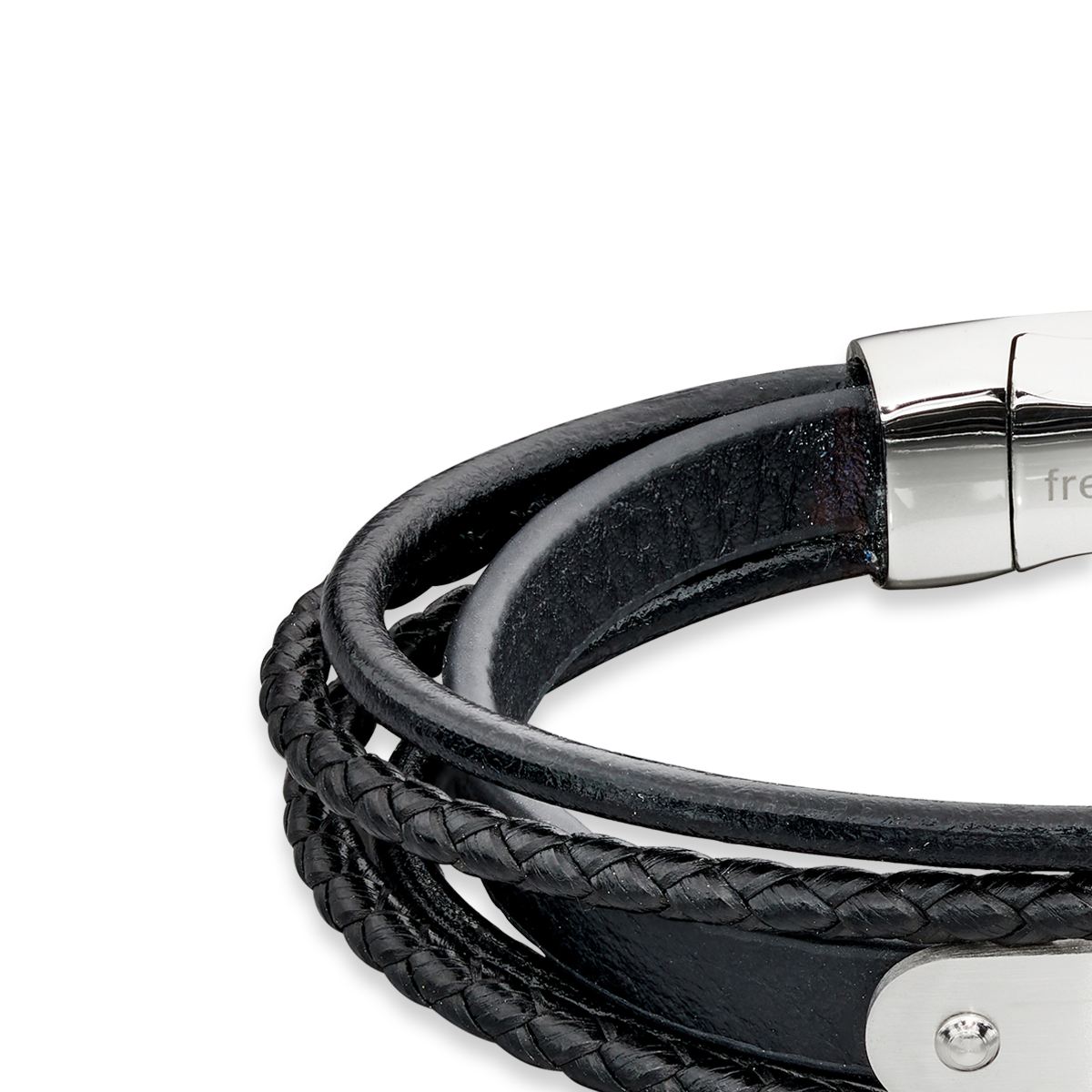 Woven Black Leather & Stainless Steel Multi Strand ID Bar Bracelet