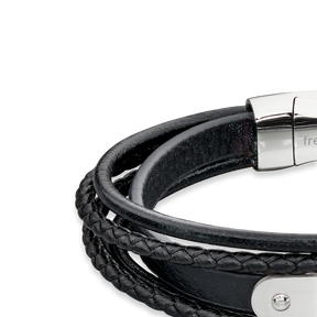 Woven Black Leather & Stainless Steel Multi Strand ID Bar Bracelet