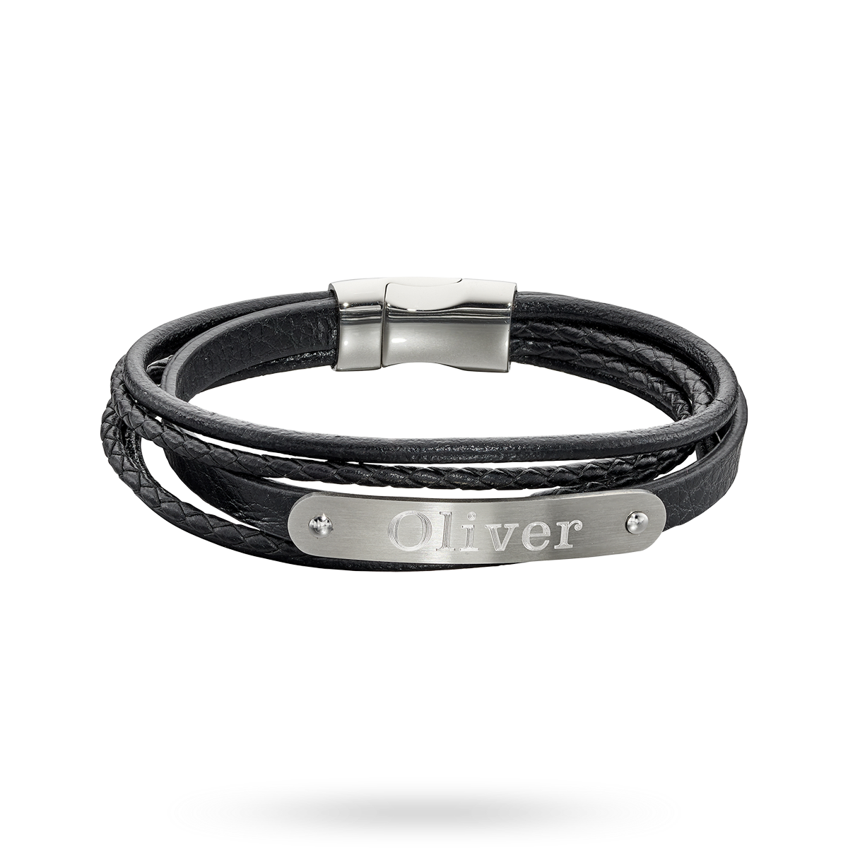 Woven Black Leather & Stainless Steel Multi Strand ID Bar Bracelet