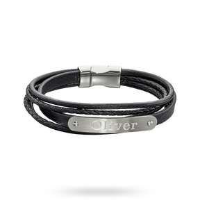 Woven Black Leather & Stainless Steel Multi Strand ID Bar Bracelet