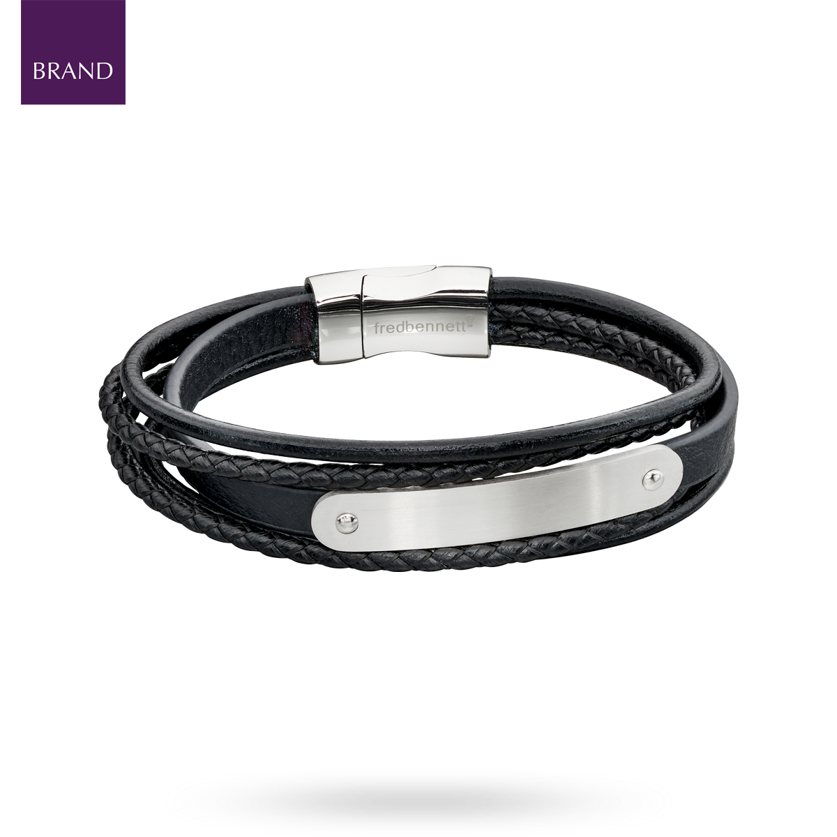 Woven Black Leather & Stainless Steel Multi Strand ID Bar Bracelet