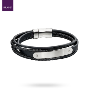 Woven Black Leather & Stainless Steel Multi Strand ID Bar Bracelet