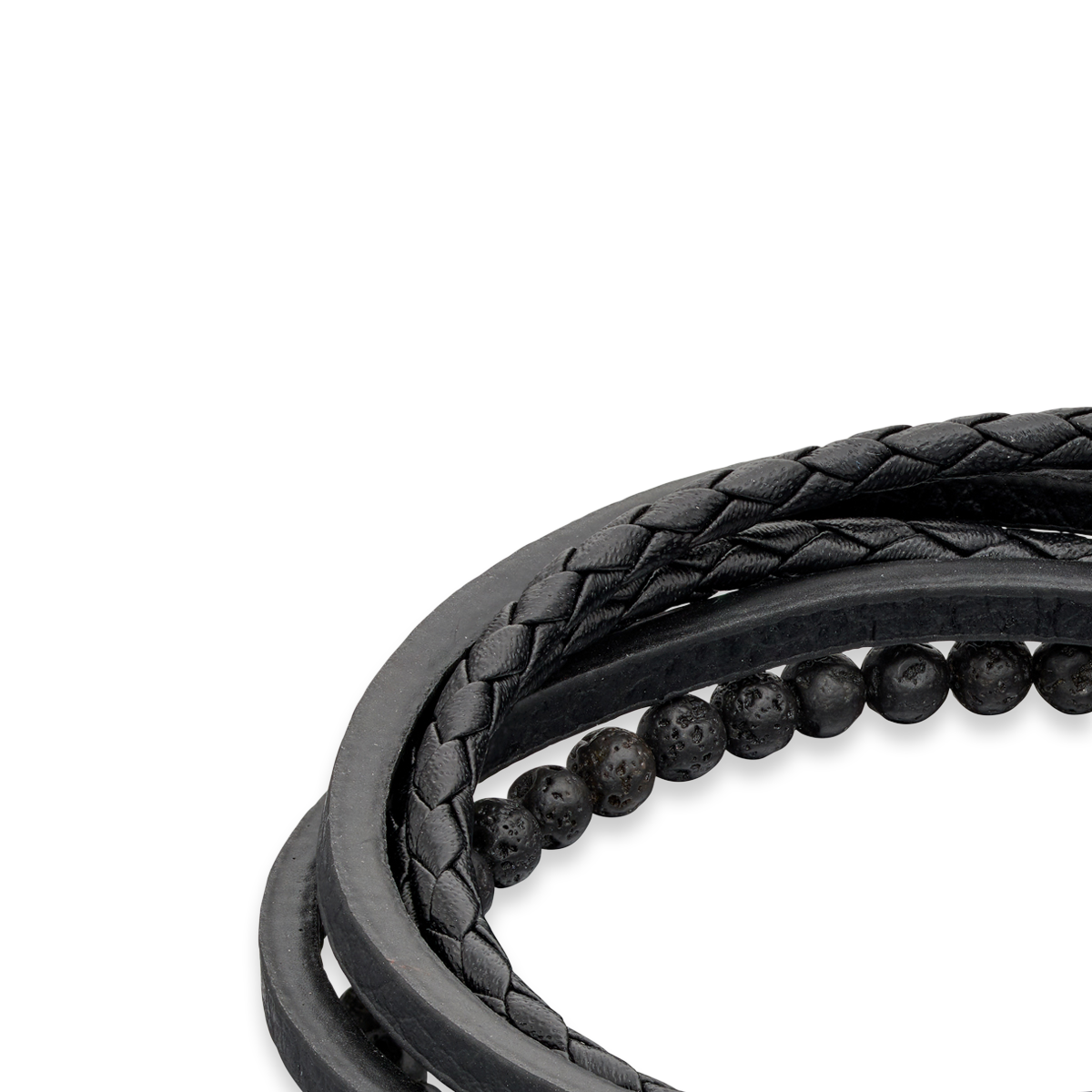 Multi Row Recycled Black Leather Bracelet with Lava Beads