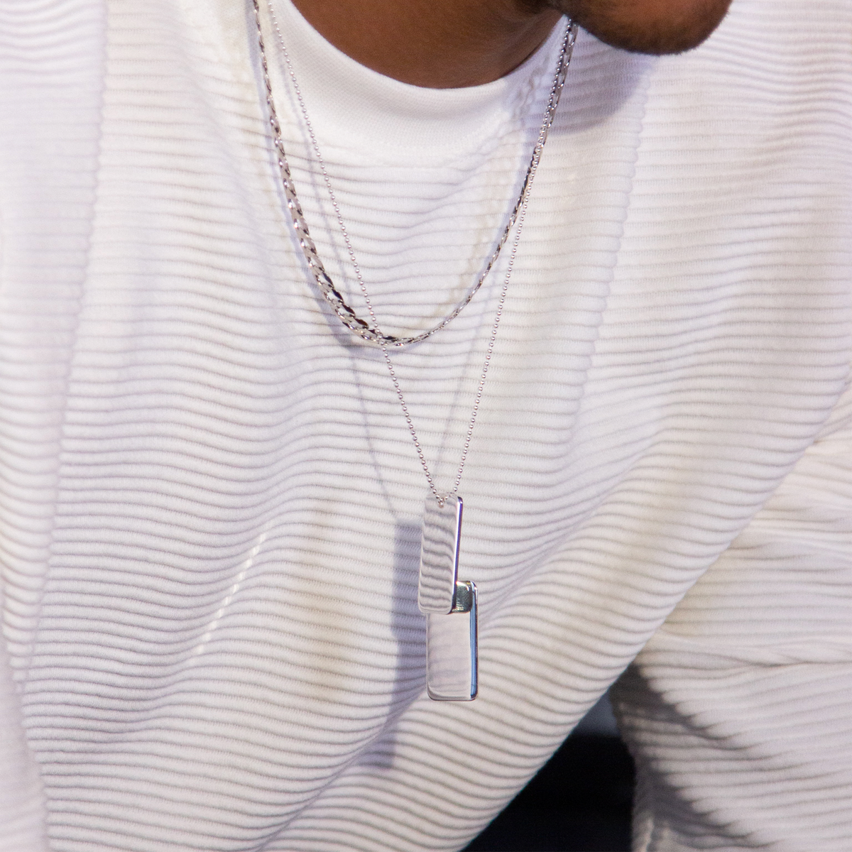 Model wears Sterling Silver Double Dog Tag Necklace