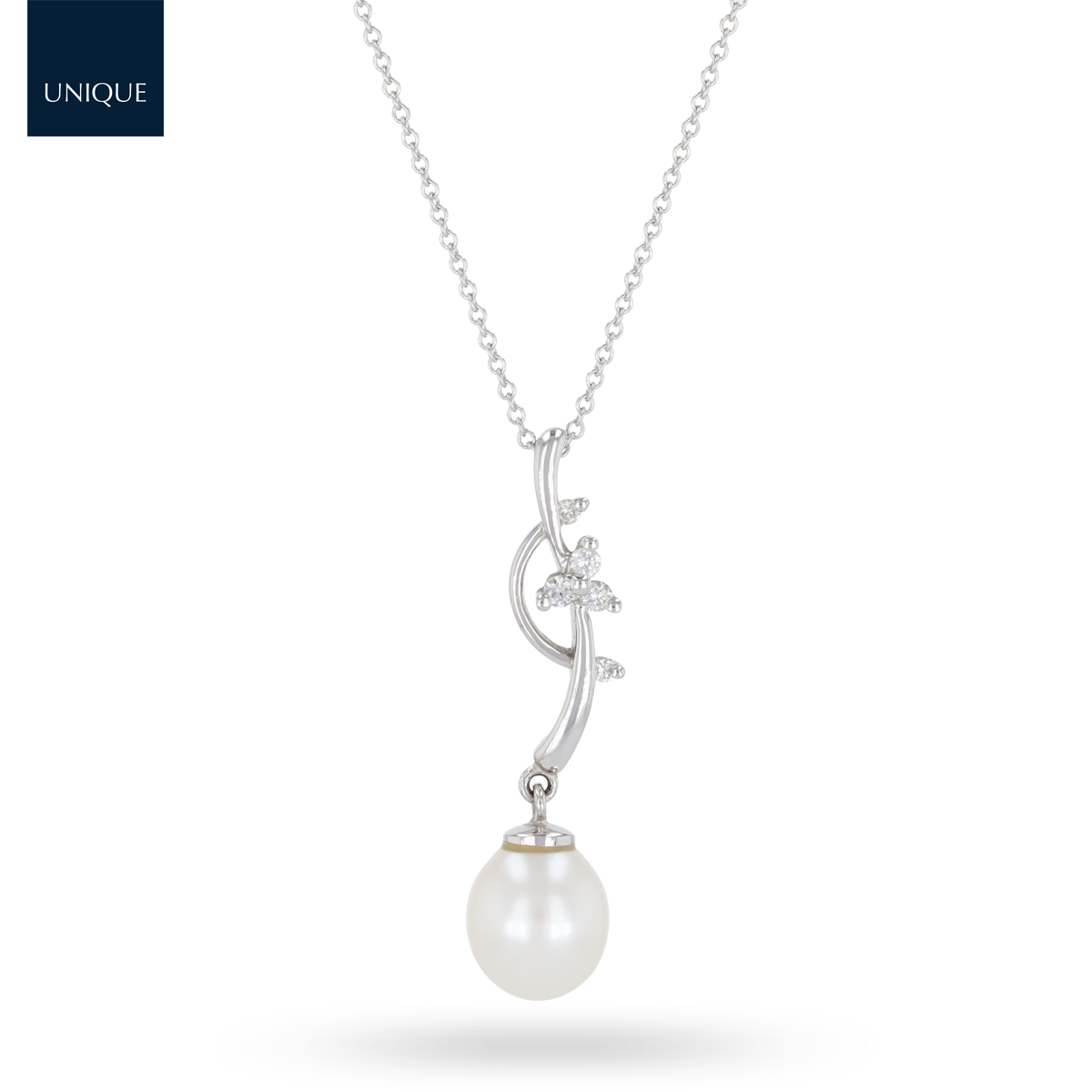 18ct White Gold Cultured Freshwater Oval White Pearl & Diamond Set Pendant & Chain