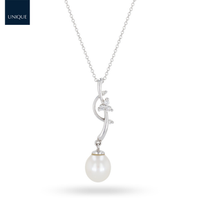 18ct White Gold Cultured Freshwater Oval White Pearl & Diamond Set Pendant & Chain