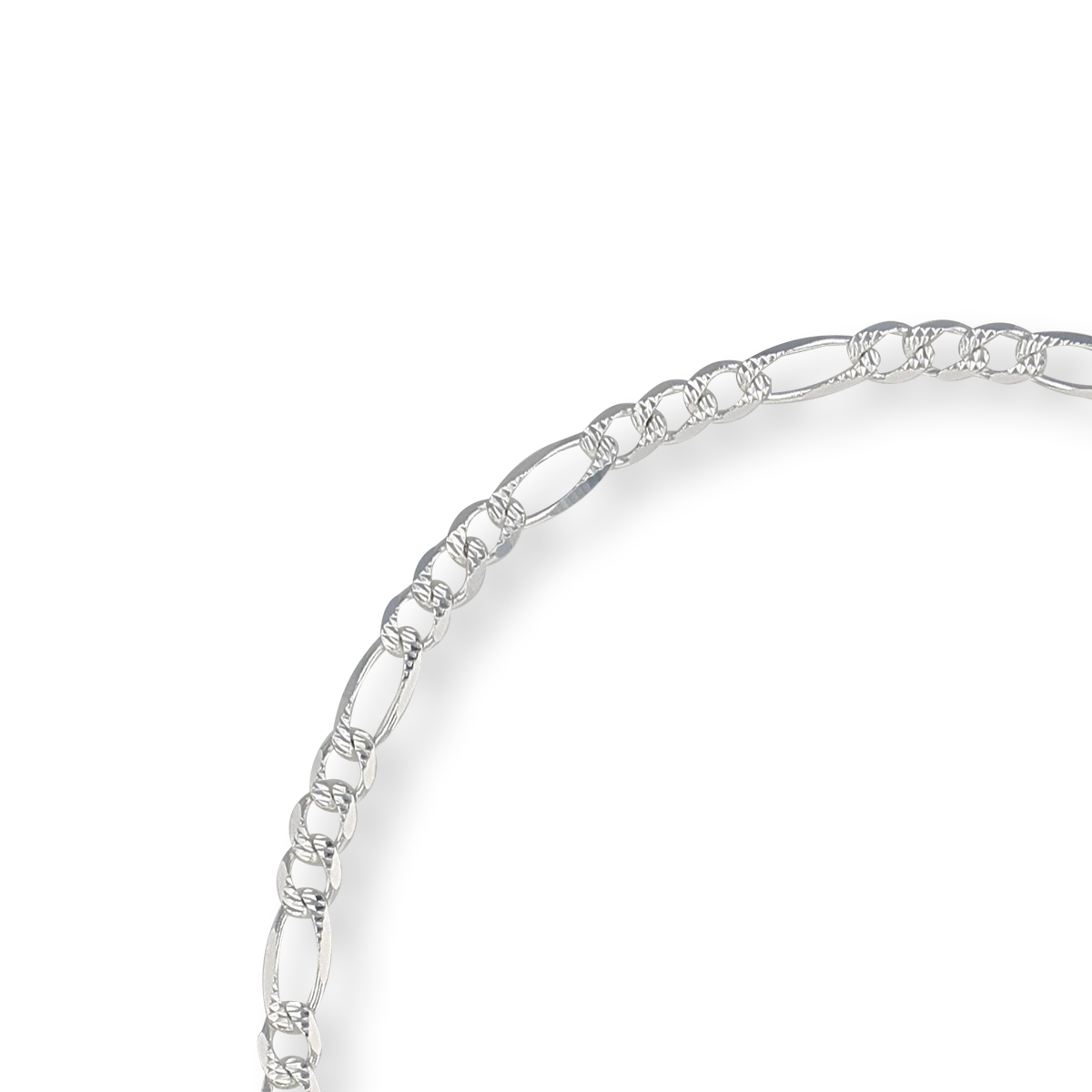 Sterling Silver 4mm Pave & Diamond Cut Figaro Anklet