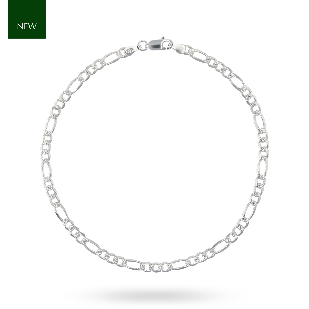 Sterling Silver 4mm Pave & Diamond Cut Figaro Anklet