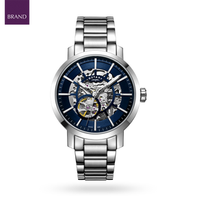 Rotary men's silver stainless shop steel bracelet skeleton watch