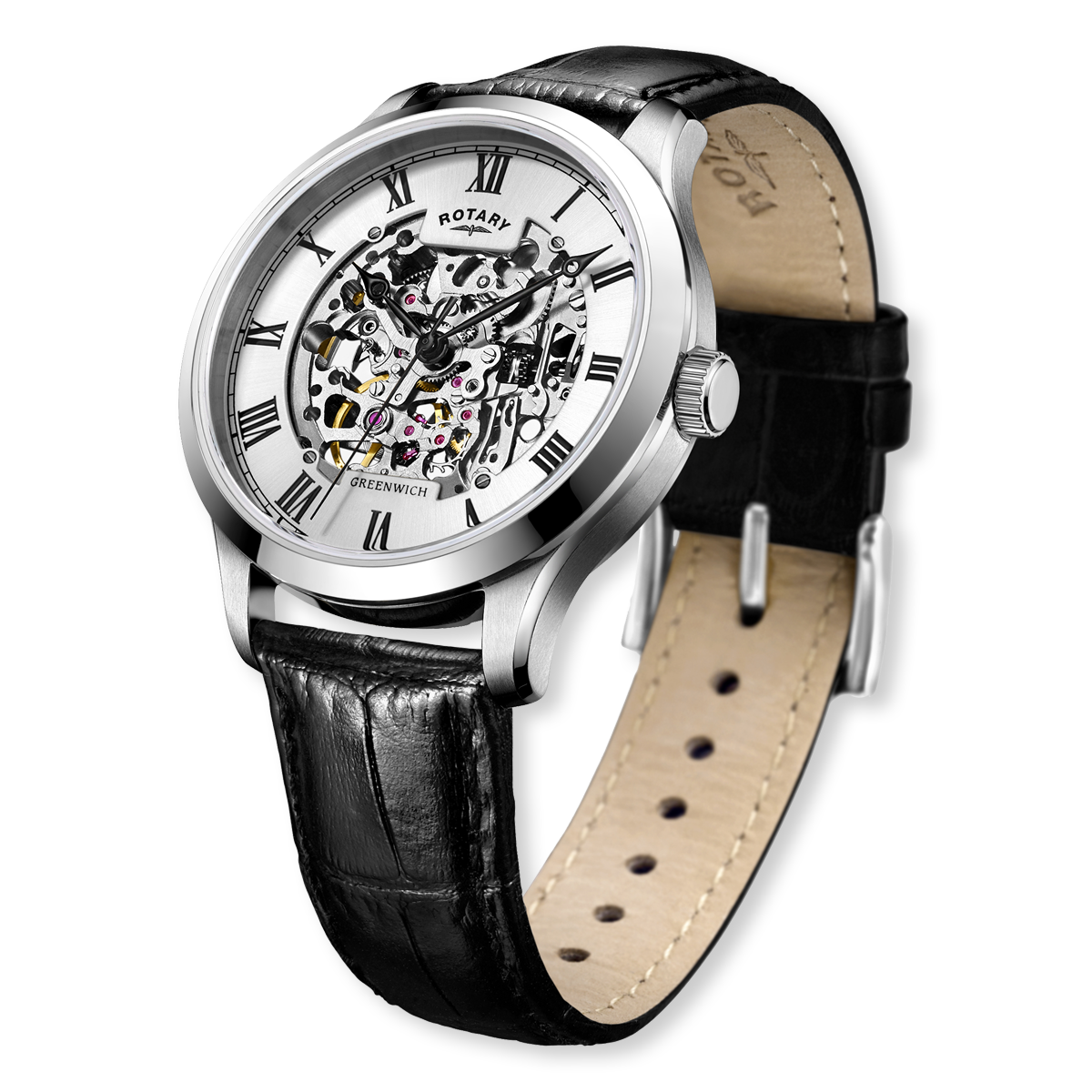 Rotary Greenwich Skeleton Automatic, Silver Dial with Black Leather Strap - GS02940/06