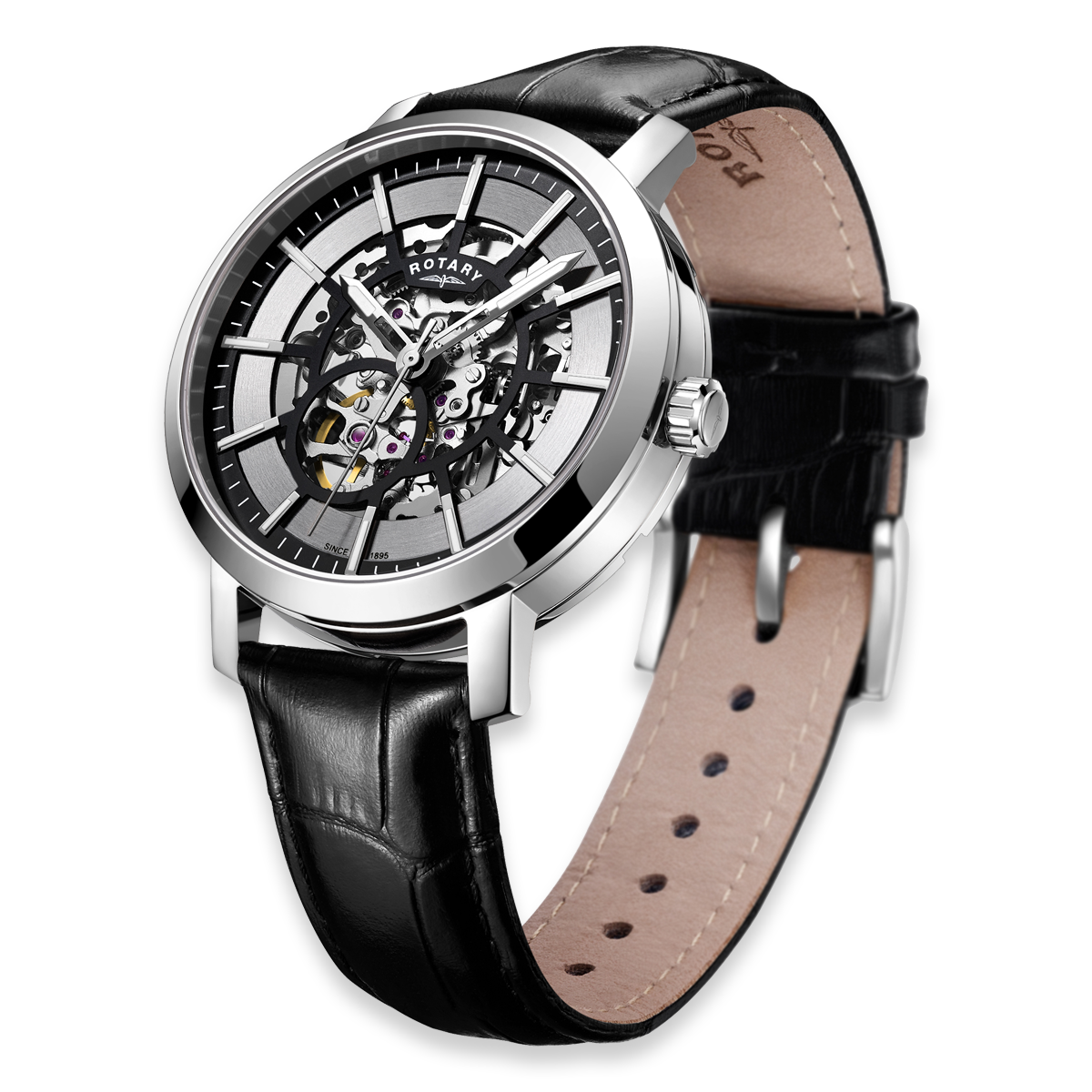 Rotary Greenwich Skeleton Automatic, Silver & Black Dial with Black Leather Strap - GS05350/02