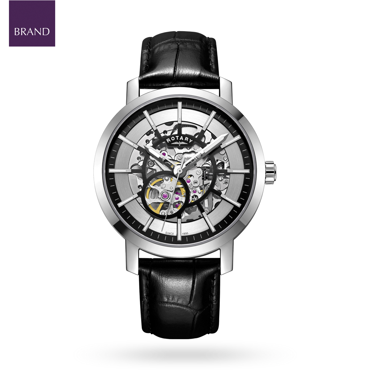 Rotary Greenwich Skeleton Automatic, Silver & Black Dial with Black Leather Strap - GS05350/02