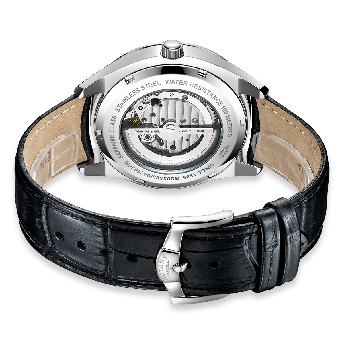 Rotary Henley Automatic Watch, Black Dial with Black Leather Strap - GS05380/04